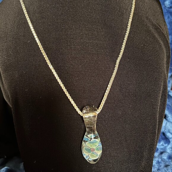 Hand Crafted Jewelry - Vintage Art Glass 3D Blue Flower Pendant on Sterling Silver Chain